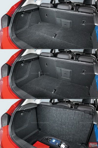 «Фишка» багажника — фальшпол FlexFlow. Его можно поднять на уровень бампера (на фото вверху), образовав вместительный «тайник». Есть еще промежуточное положение: в этом случае при складывании спинки сиденья образуется ровная площадка. Фальшпол выдерживает нагрузку до 100 кг. Под «настоящим» полом — докатка или комплект для подкачки шин (на фото внизу)