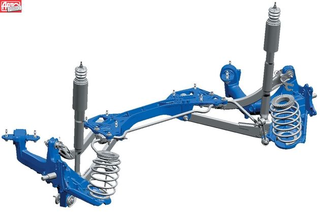 Задняя трехрычажка — произведение искусства. Два тоненьких стальных поперечных рычага закреплены на ажурном литом алюминиевом подрамнике, продольный рычаг тоже отлит из крылатого металла. Такая конструкция почти на 10 кг легче многорычажек конкурентов