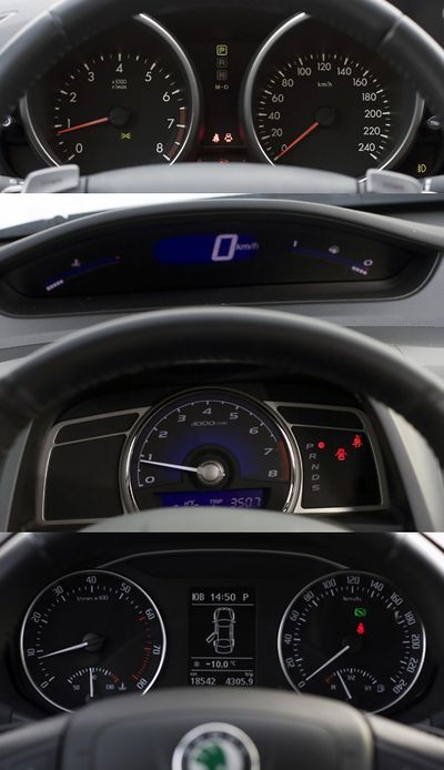 Приборы Мазды (вверху) и Шкоды (внизу) читаются отлично, а к Хондовским надо привыкать. Привыкли