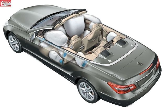 В случае аварии седоков кабриолета оберегают девять подушек безопасности. Но выстреливающие при боковом столкновении из двери занавески впервые применил все-таки не Mercedes, а Volvo — на купе-кабриолете С70